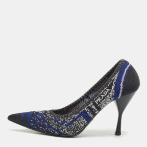 Prada Navy Blue/Black Printed Knit Fabric Pointed Toe Pumps Size 37.5