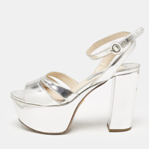 Prada Silver Leather Ankle Strap Platform Sandals Size 36