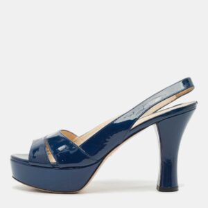 Prada Navy Blue Patent Leather Slingback Platform Sandals Size 38