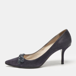 Prada Navy Blue Patent Leather and Suede Bow Pointed Toe Pumps Size 37.5