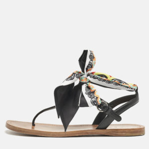 Prada Black Saffiano Leather T-Strap Ribbon Flat Sandals Size 40