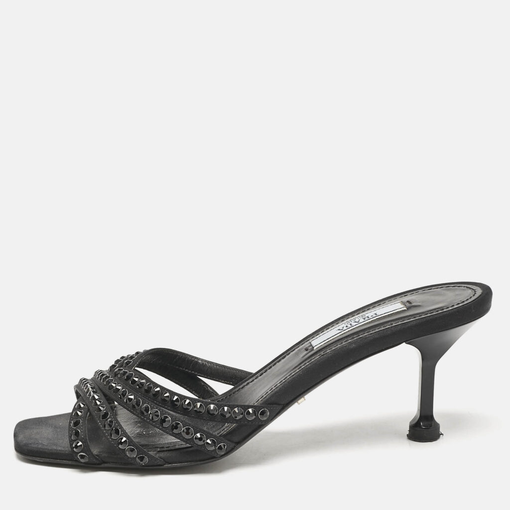 Prada Black Satin Crystal Embellished Slide Sandals Size 36