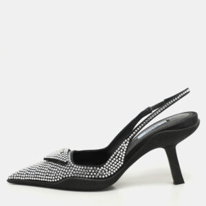 prada black satin crystal embellished pointed toe slingback pumps 36.5