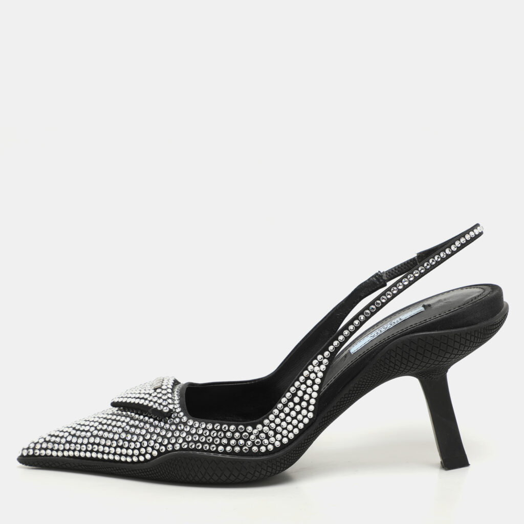 luxury-women-prada-used-shoes-p1145834-007.jpg Prada Black Satin Crystal Embellished Pointed Toe Slingback Pumps 36.5