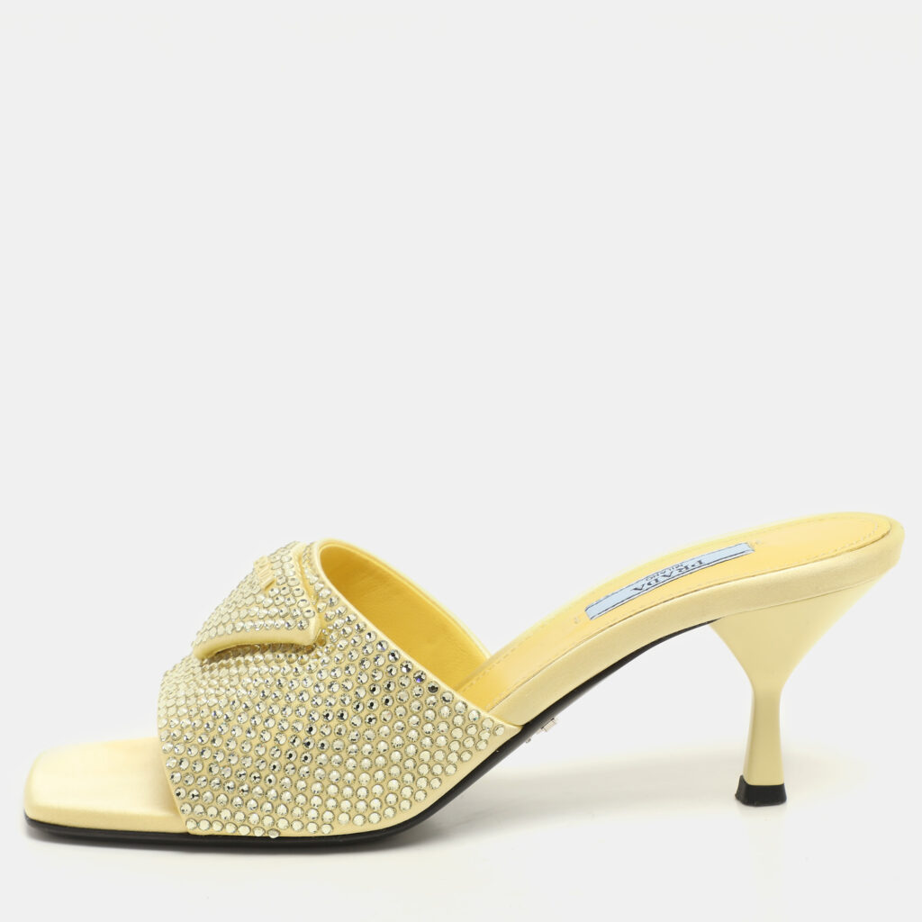Prada Yellow Crystal Embellished Satin Logo Slide Sandals Size 37