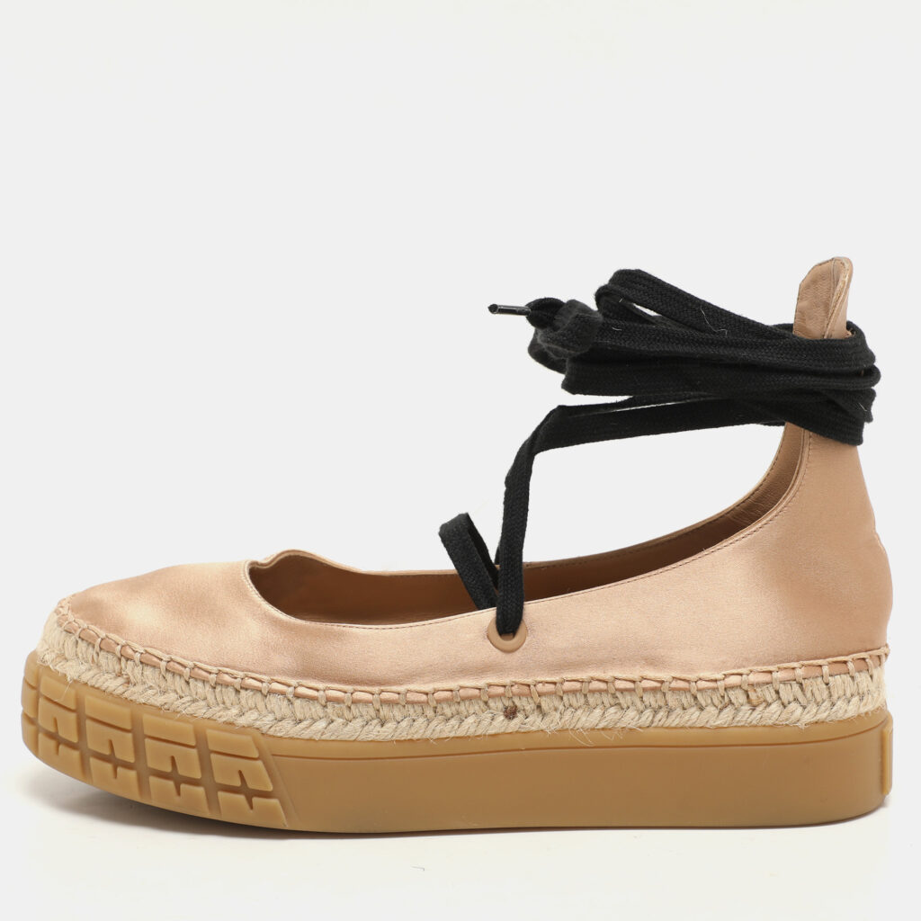 luxury-women-prada-used-shoes-p1145938-005.jpg Prada Metallic Beige Satin Tyre-Sole Espadrille Size 36.5