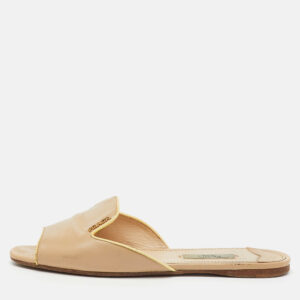 prada beige saffiano patent leather flat slide sandals size 37.5