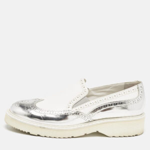 Prada Sport White/Silver Brogue Leather Slip On Loafer Sneakers Size 39.5