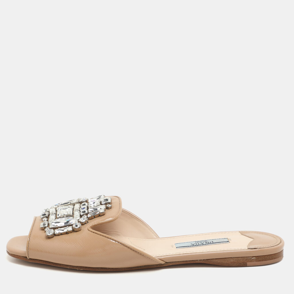 luxury-women-prada-used-shoes-p1147468-002 Prada Beige Patent Leather Crystal Embellished Slide Sandals Size 36.5