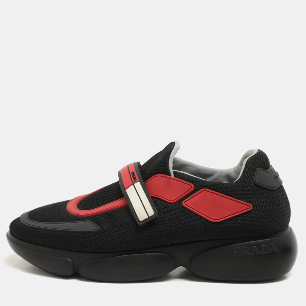 luxury-women-prada-used-shoes-p1148143-001.jpg Prada Black/Red Knit Fabric Cloudbust Sneakers Size 37
