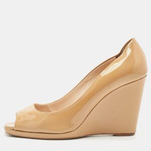 Prada Beige Patent Leather Peep Toe Wedge Pumps Size 39