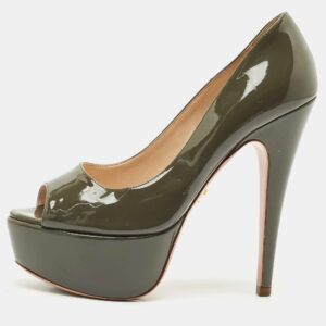 Prada Olive Green Patent Leather Peep Toe Platform Pumps Size 36.5