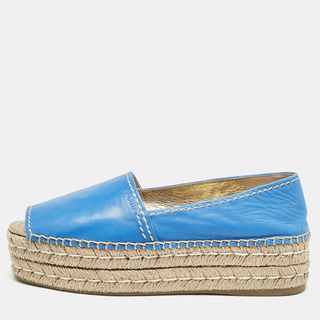 luxury-women-prada-used-shoes-p1148732-001 Prada Blue Leather Open Toe Platform Espadrilles Size 39