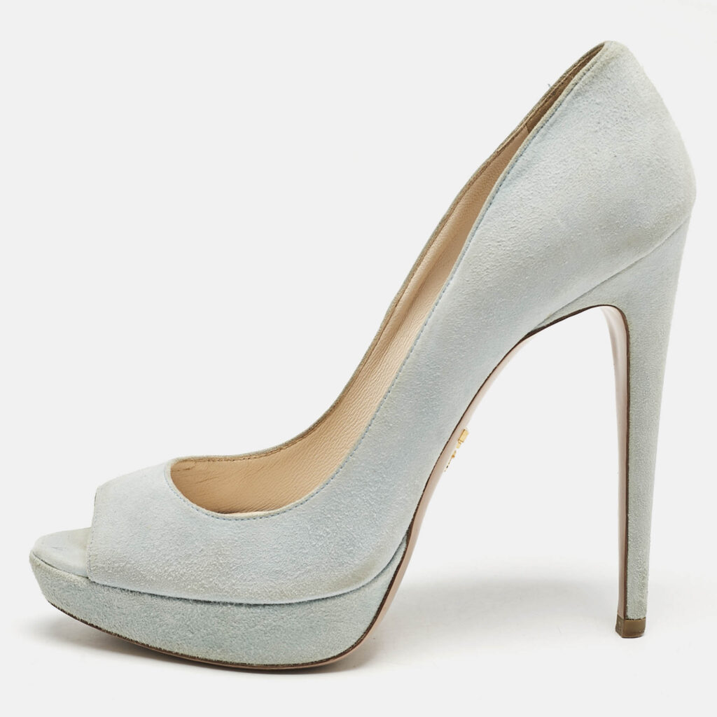 luxury-women-prada-used-shoes-p1149325-010.jpg Prada Light Blue Suede Peep Toe Platform Pumps Size 38