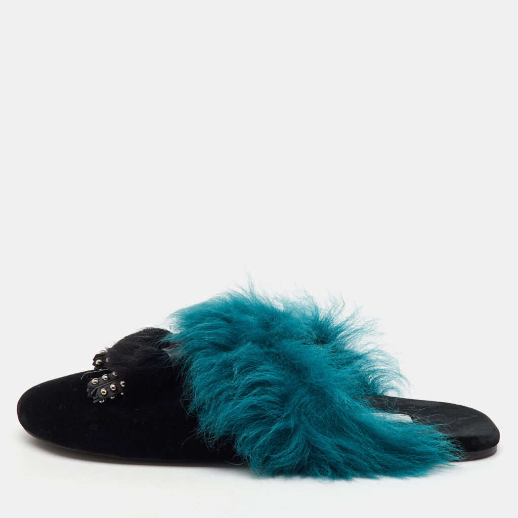 luxury-women-prada-used-shoes-p1150003-009 Prada Black/Teal Velvet and Fur Tassel Flat Mules Size 38