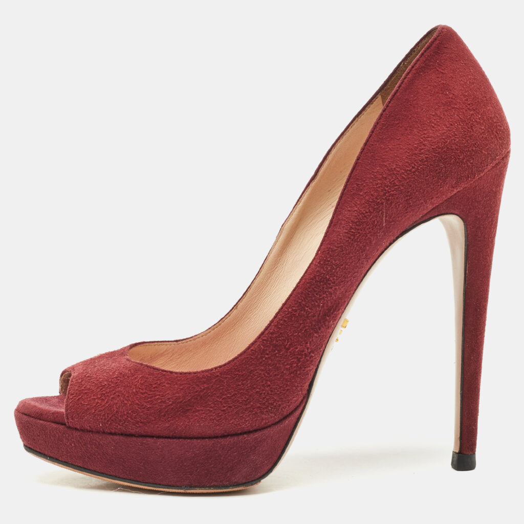luxury-women-prada-used-shoes-p1150066-001 Prada Burgundy Suede Peep Toe Pumps Size 38