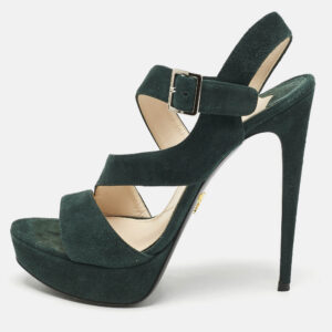 Prada Dark Green Suede Ankle Strappy Platform Sandals Size 38