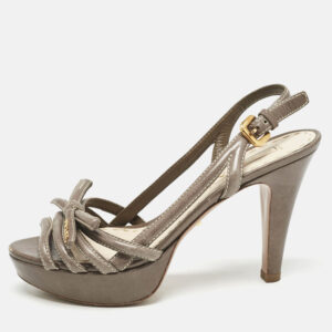 Prada Taupe Grey Leather Strappy Slingback Platform Sandals Size 38