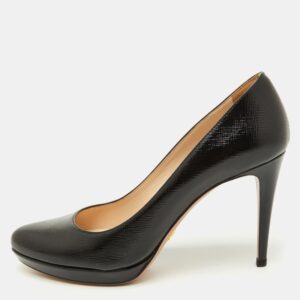 Prada Black Saffiano Patent Leather Round Toe Pumps Size 39
