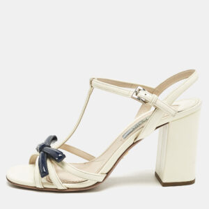 Prada Cream/Blue Patent Leather Ankle Strap Sandals Size 36.5