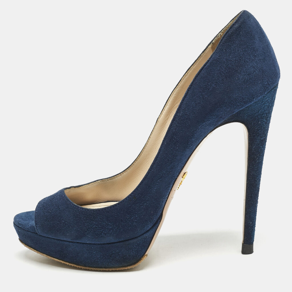 luxury-women-prada-used-shoes-p1154593-001 Prada Blue Suede Peep Toe Platform Pumps Size 37.5