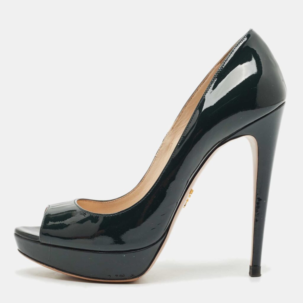 luxury-women-prada-used-shoes-p1155768-003 Prada Dark Green Patent Leather Peep Toe Pumps Size 37.5
