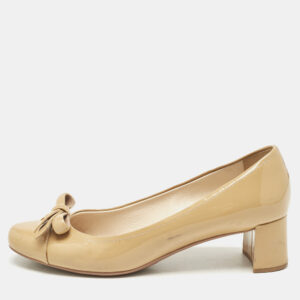 Prada Beige Patent Leather Bow Block Heel Pumps Size 39.5