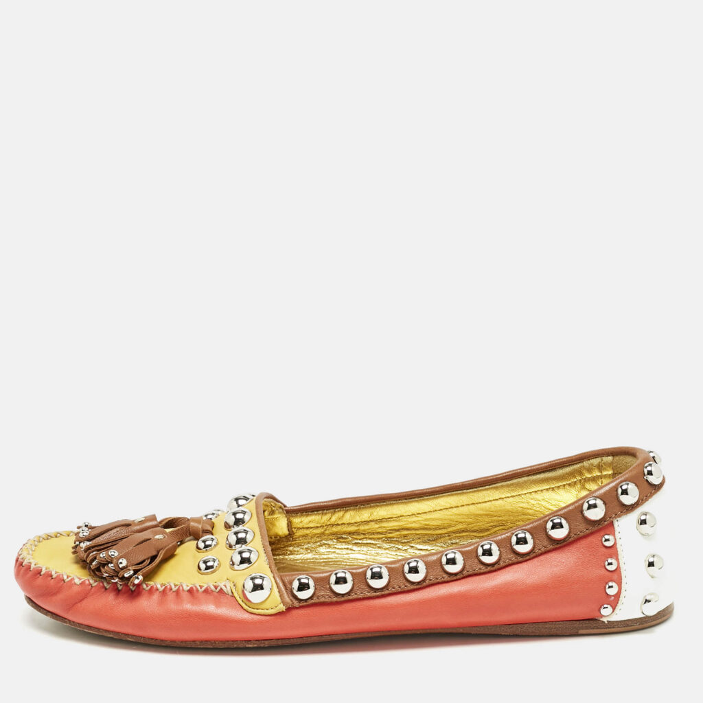 Prada Multicolor Leather Studded Tassel Slip On Loafers Size 38