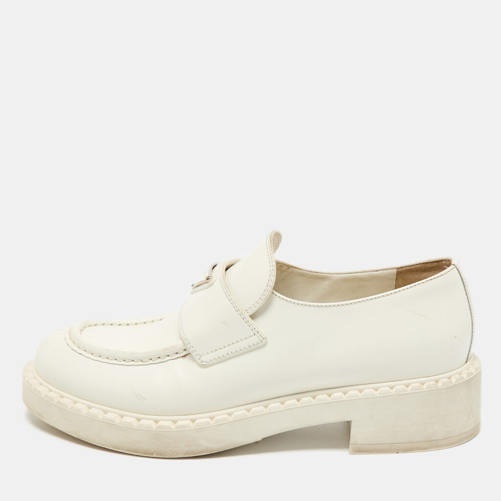 Prada White Leather Logo Plaque Slip On Loafers Size 39.5