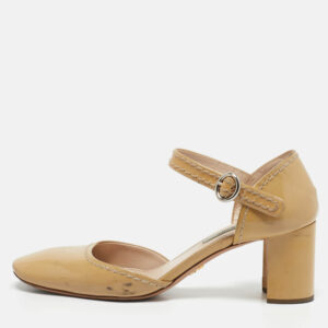Prada Beige Patent Leather Block Heel Mary Jane Pumps Size 39
