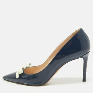 Prada Navy Blue Patent Leather Bow Pointed Toe Pumps Size 40