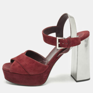 Prada Burgundy/Silver Leather and Suede Ankle Strap Sandals Size 38.5