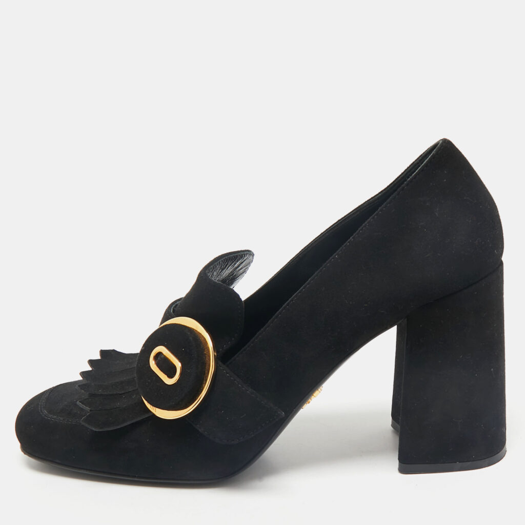 luxury-women-prada-used-shoes-p1159715-007 Prada Black Suede Fringe Pumps Size 38.5