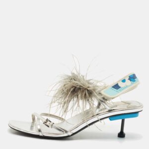 Prada Metallic Silver Leather and Ostrich Feather Ankle Strap Sandals Size 40