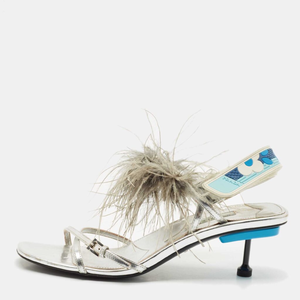 Prada Metallic Silver Leather and Ostrich Feather Ankle Strap Sandals Size 40