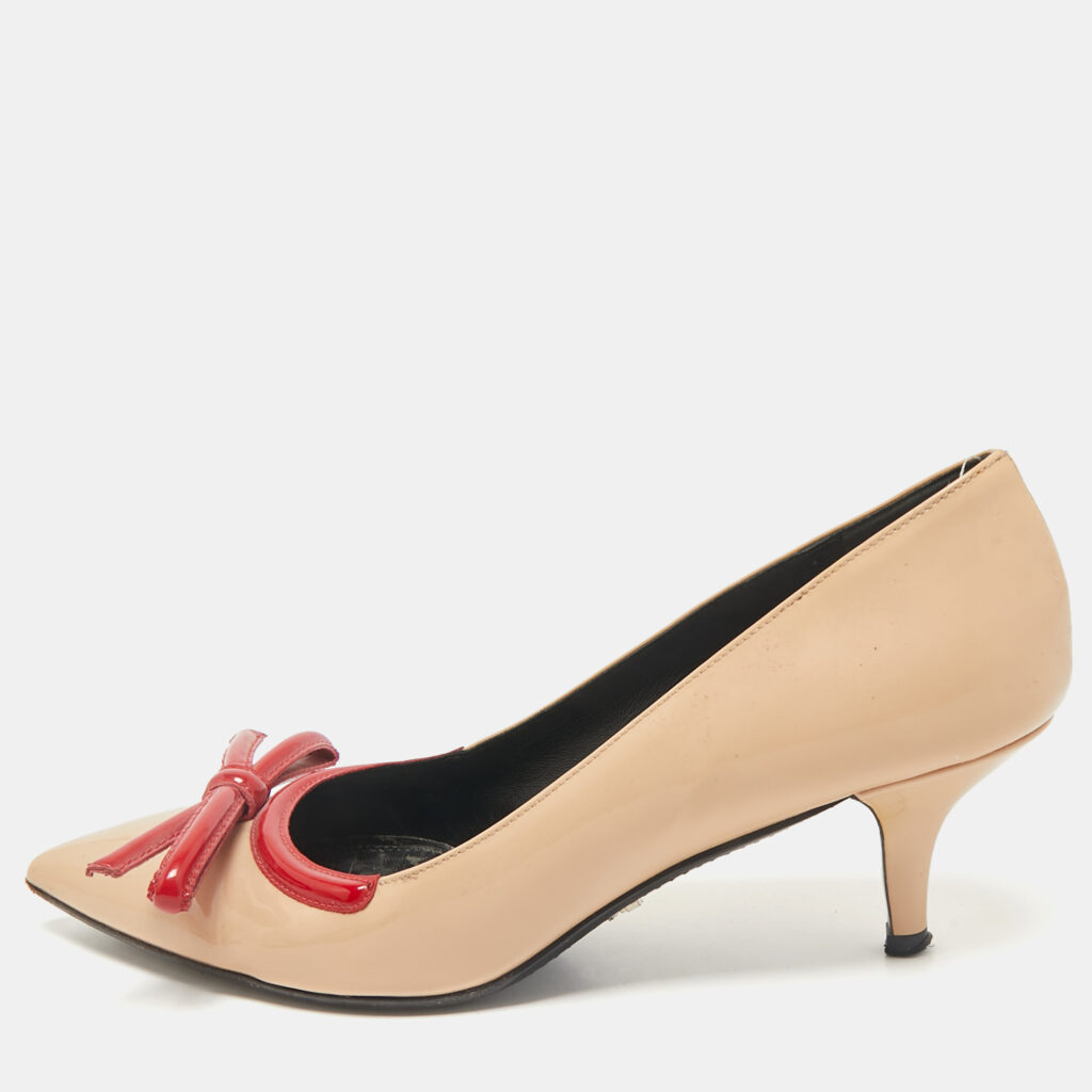 luxury-women-prada-used-shoes-p1165247-001 Prada Beige/Red Patent Leather Pointed Toe Bow Pumps Size 39