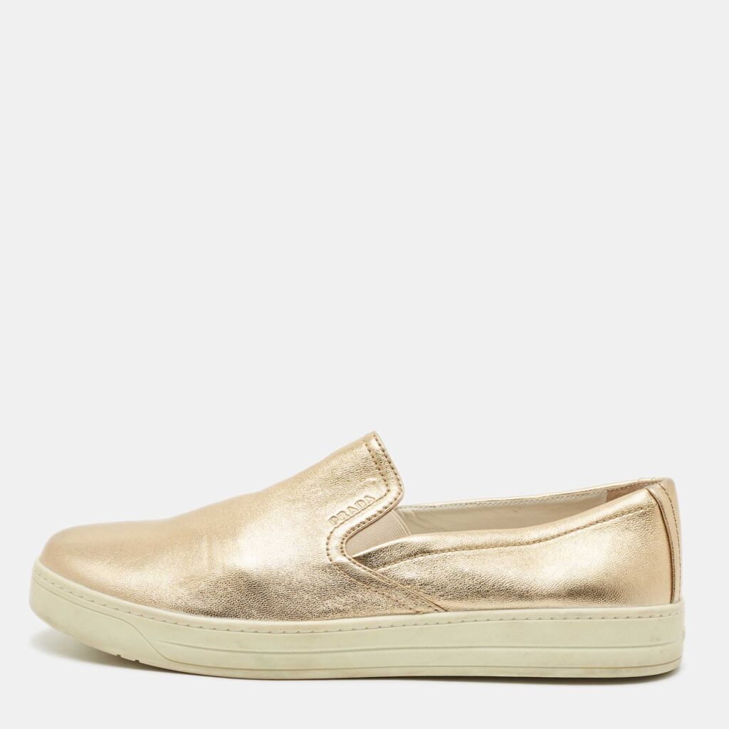 luxury-women-prada-used-shoes-p1166060-003 Prada Gold Leather Slip on Sneakers Size 40