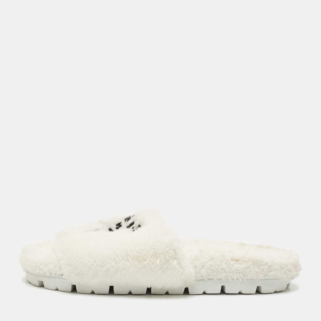 luxury-women-prada-used-shoes-p1169239-003 Prada White Shearling Terry Flat Slides Size 39