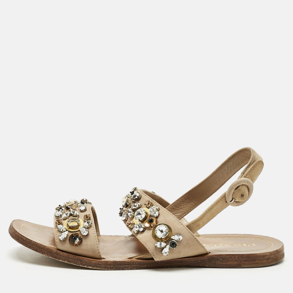 luxury-women-prada-used-shoes-p1169384-011 Prada Beige Suede Crystals Embellished Flat Sandals Size 38