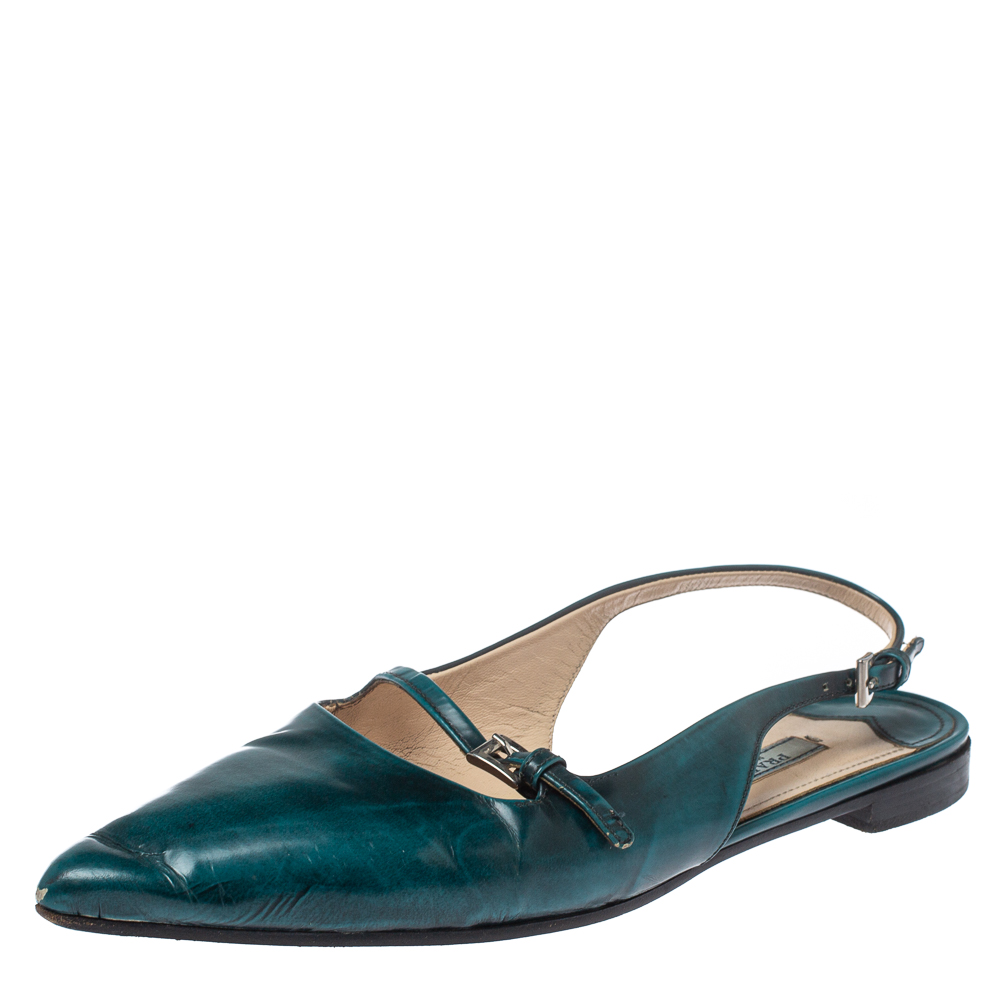 luxury-women-prada-used-shoes-p372997-004 Prada Green Patent Leather Cut Out Buckle Slingback Flat Sandals Size 37.5