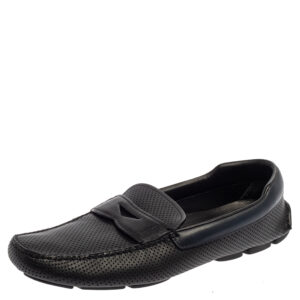 Prada Blue Perforated Leather Slip On Loafers Size 45.5