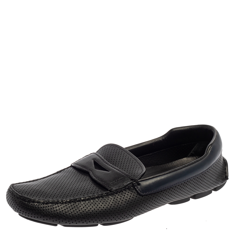 luxury-women-prada-used-shoes-p384442-005 Prada Blue Perforated Leather Slip On Loafers Size 45.5
