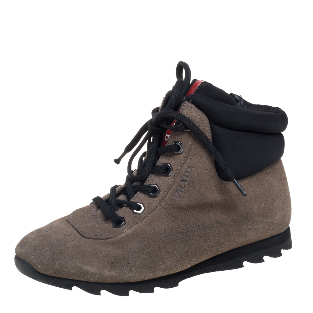 luxury-women-prada-used-shoes-p390554-004 Prada Grey Suede And Fabric Lace Up High Top Sneakers Size 35