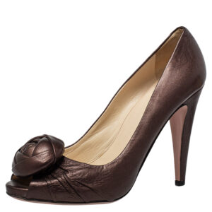 Prada Metallic Brown Leather Rose Pumps Size 38