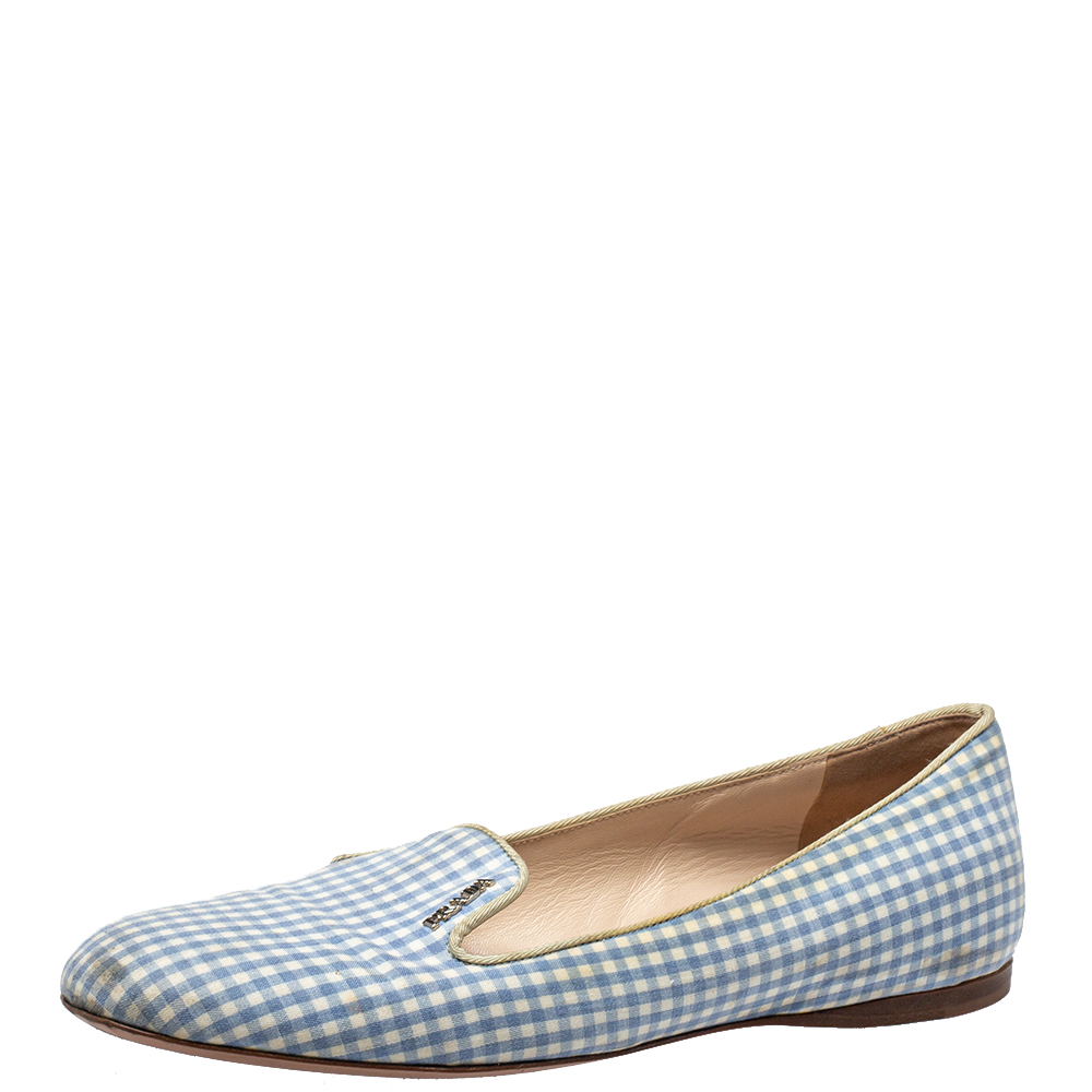 Prada Blue/White Canvas Smoking Loafers Size 37