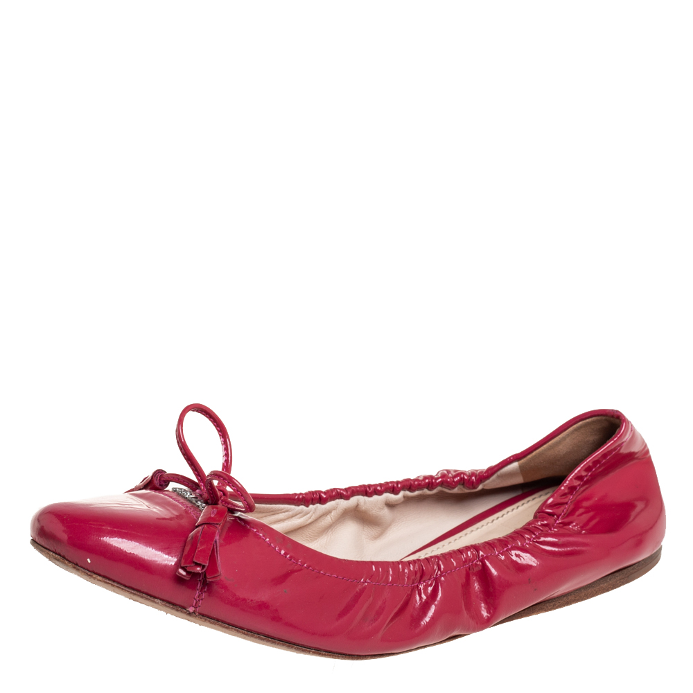 luxury-women-prada-used-shoes-p426389-003 Prada Pink Patent Leather Tassel Bow Scrunch Ballet Flats Size 35