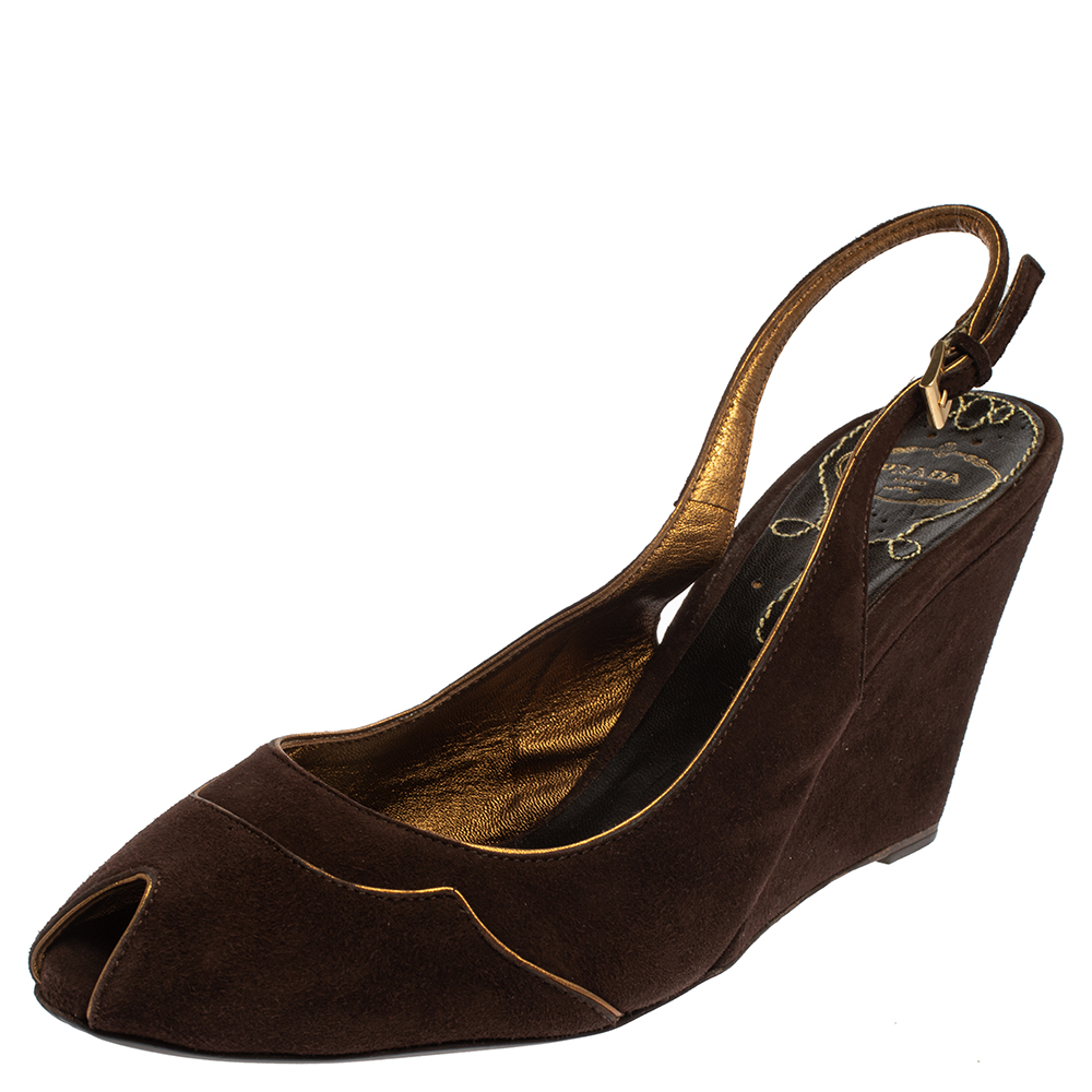 luxury-women-prada-used-shoes-p433870-005 Prada Brown Suede Wedge Peep Toe Sandals Size 41
