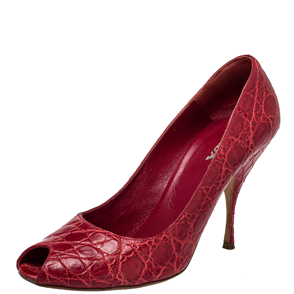 luxury-women-prada-used-shoes-p444122-005 Prada Red Embossed Leather Peep Toe Pumps Size 40