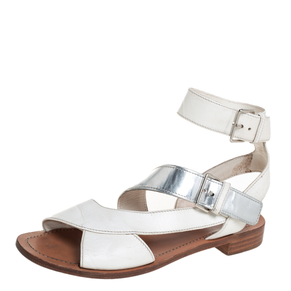 luxury-women-prada-used-shoes-p445086-002 Prada White/Silver Leather Flat Ankle Strap Sandals Size 37