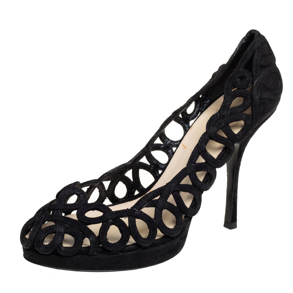 luxury-women-prada-used-shoes-p457370-003 Prada Black Suede Cutout Pumps Size 38